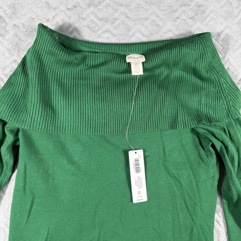 Chico's Women's‎ Sweater Fold Over Neck Mandie Pullover Sz Small (0) Green NWT